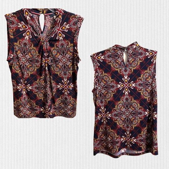 Tommy Hilfiger Shirt Women SZ M Blue Red Tile Medallion Twist V Neck Sleeveless - Picture 11 of 12